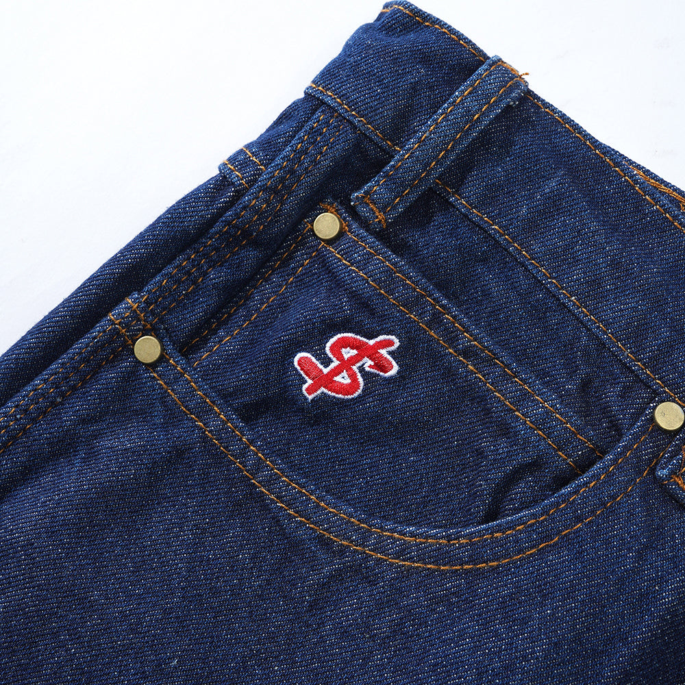 Cash Only Logo Baggy Denim Jeans Raw Indigo