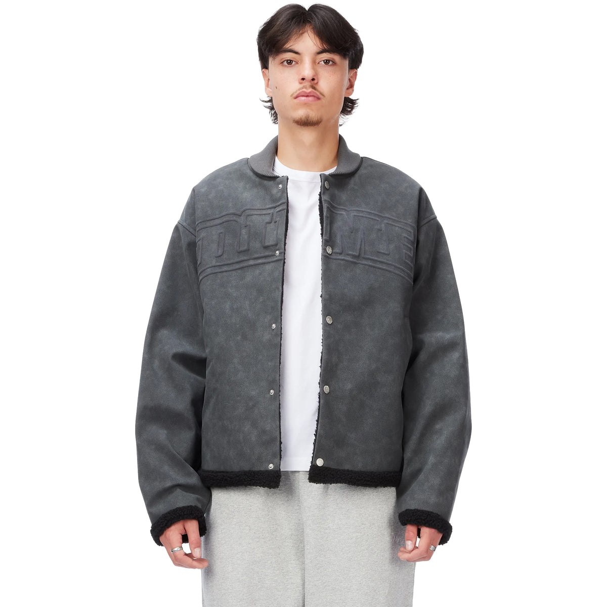Dime MTL Faux Suede Varsity Jacket Charcoal