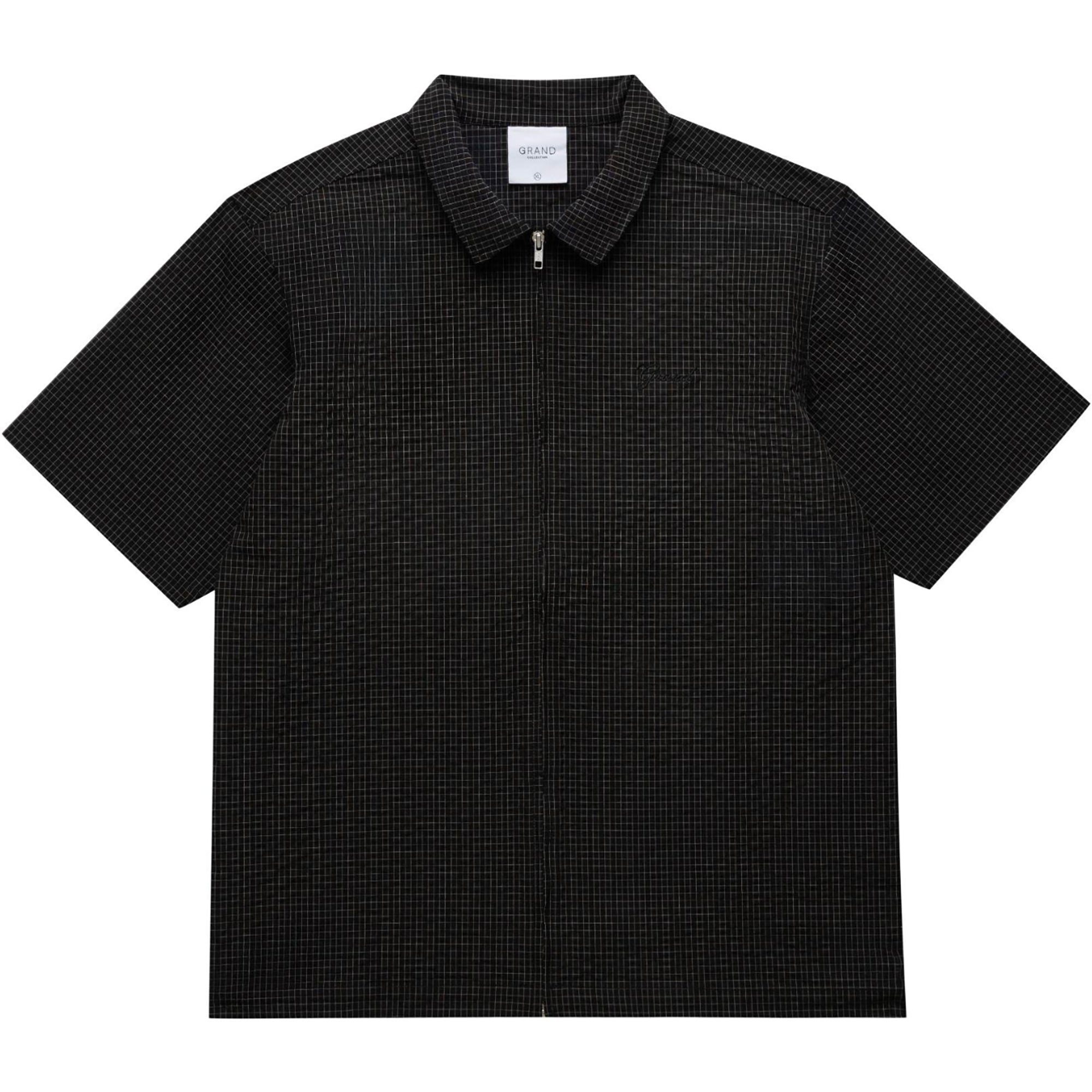 Grand Collection Seersucker Zip Up Short Sleeve Shirt Black Check
