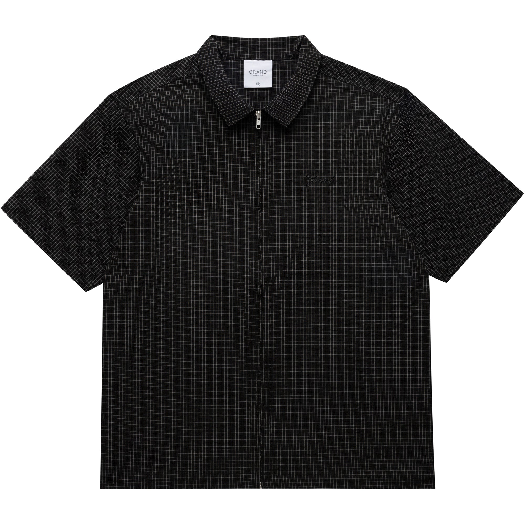 Grand Collection Seersucker Zip Up Short Sleeve Shirt Black Check