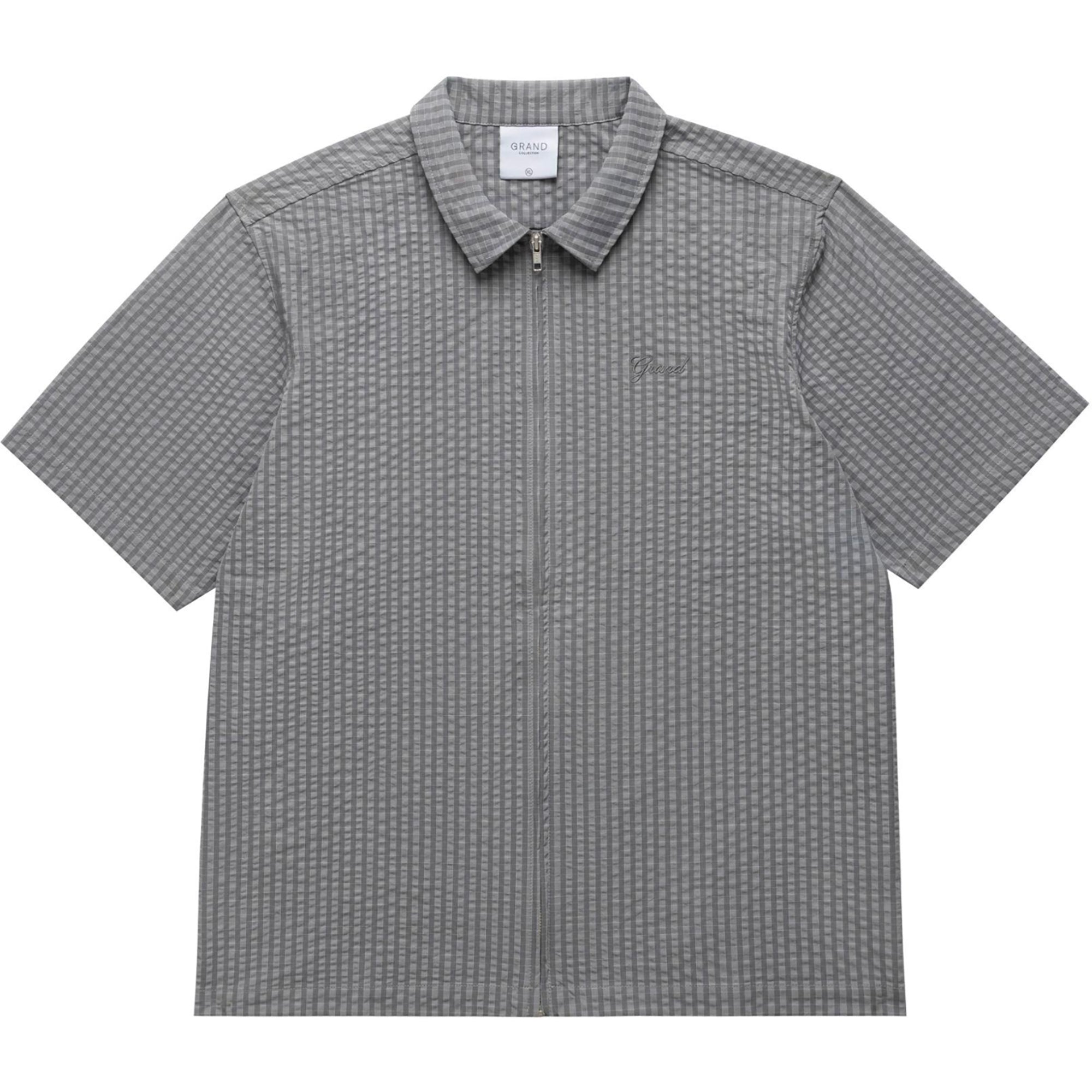 Grand Collection Seersucker Zip Up Short Sleeve Shirt Grey Check
