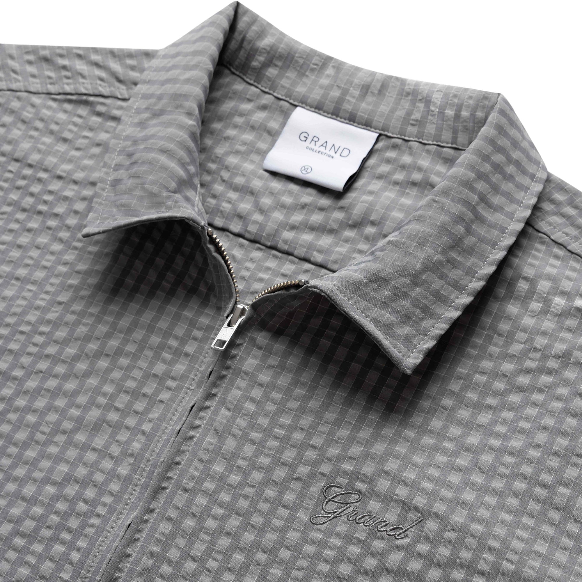 Grand Collection Seersucker Zip Up Short Sleeve Shirt Grey Check