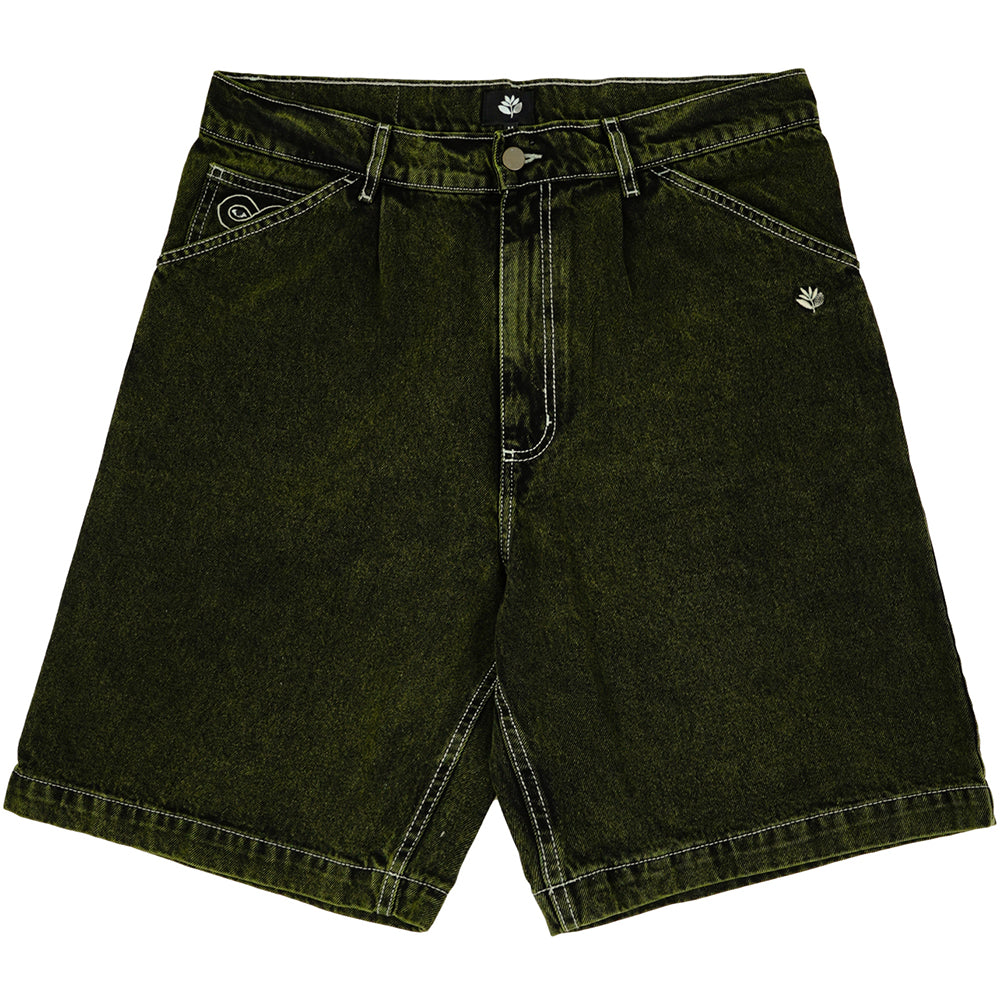 Magenta OG Denim Long Shorts Dyed Green Denim