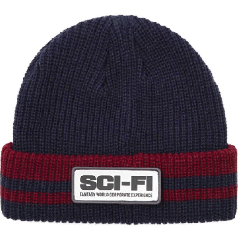 Sci-Fi Fantasy Reflective Patch Striped Beanie Navy/Red