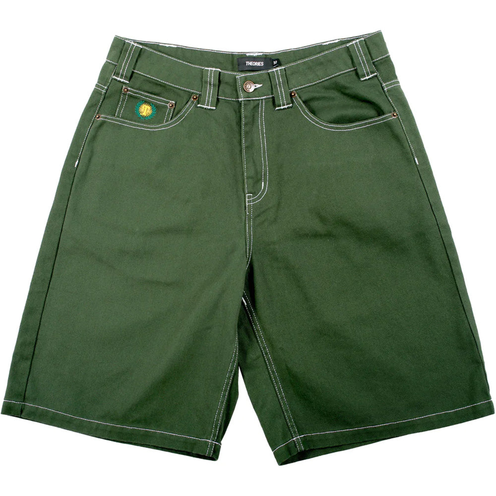 Theories Plaza Denim Shorts Hunter Green Contrast Stitch