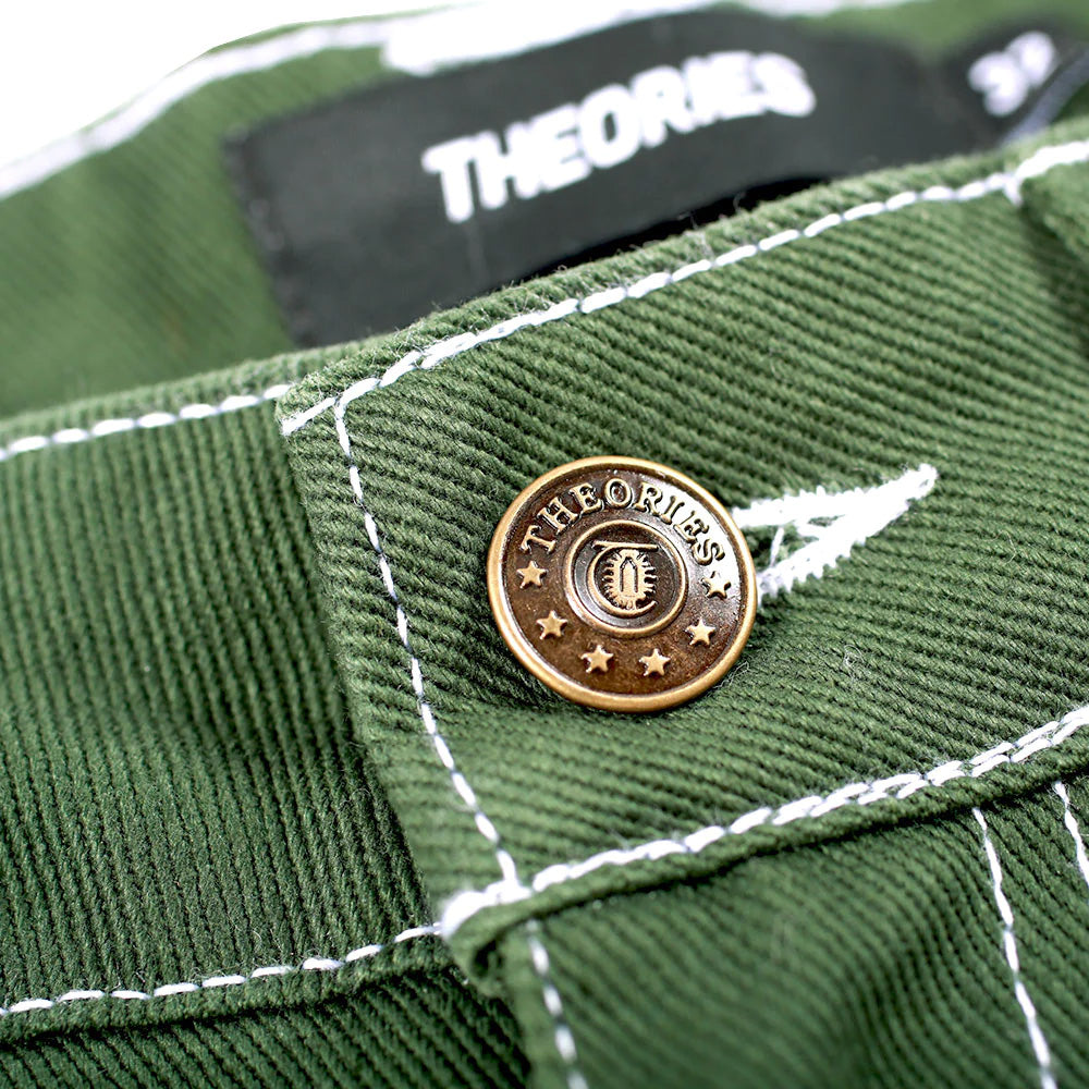 Theories Plaza Denim Shorts Hunter Green Contrast Stitch