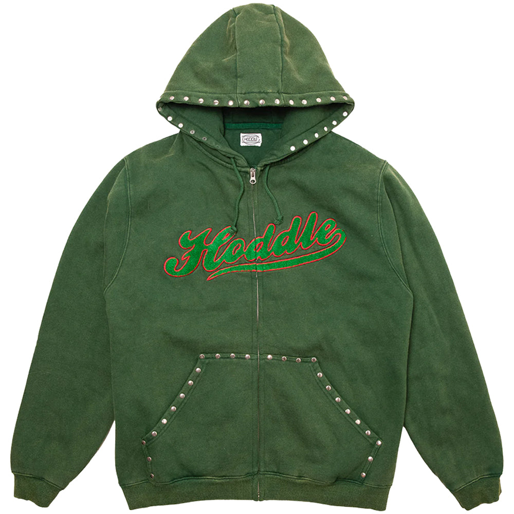 Hoddle Studded Intarsia Script Zip Up Hoodie Washed Green