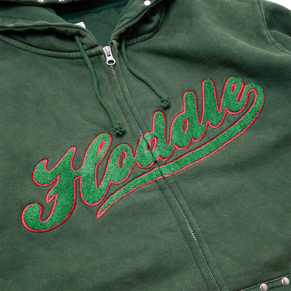 Hoddle Studded Intarsia Script Zip Up Hoodie Washed Green