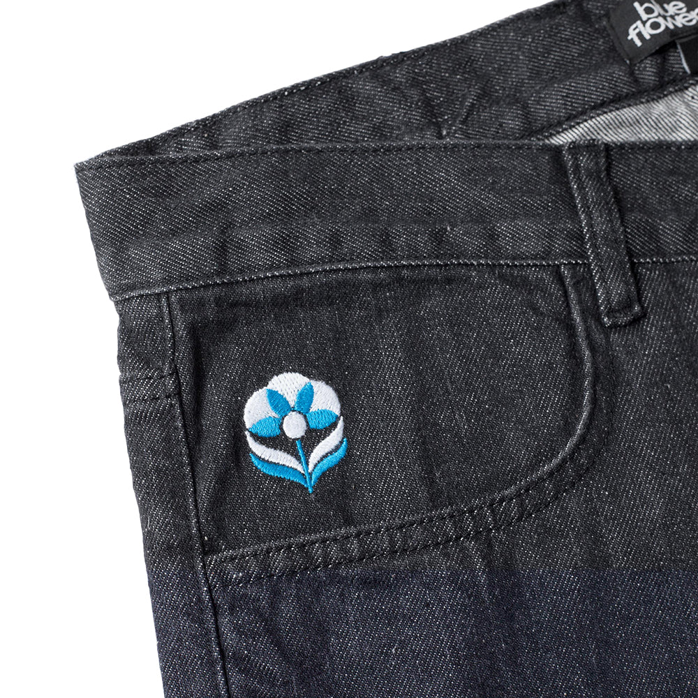 Blue Flowers Denim Jeans Washed Black