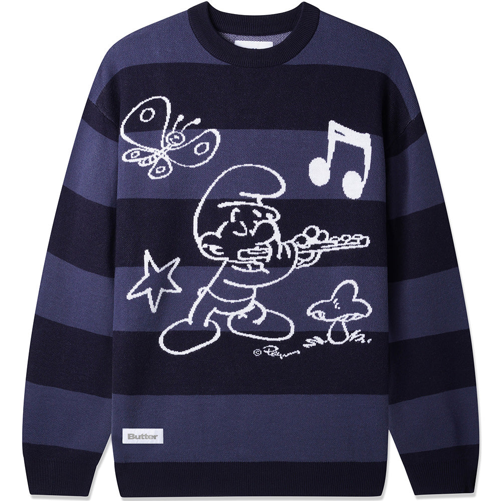 Butter Goods x The Smurfs Flute Stripe Knit Sweater Navy