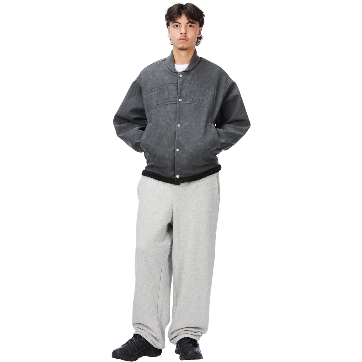 Dime MTL Faux Suede Varsity Jacket Charcoal