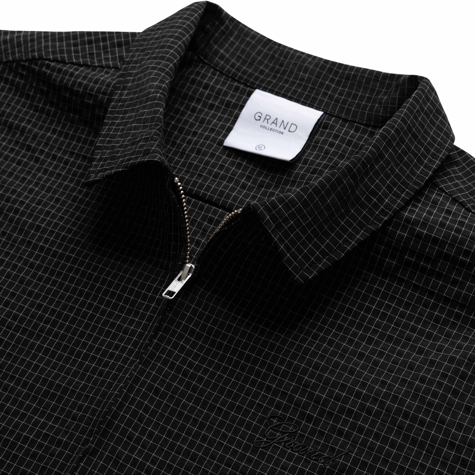 Grand Collection Seersucker Zip Up Short Sleeve Shirt Black Check