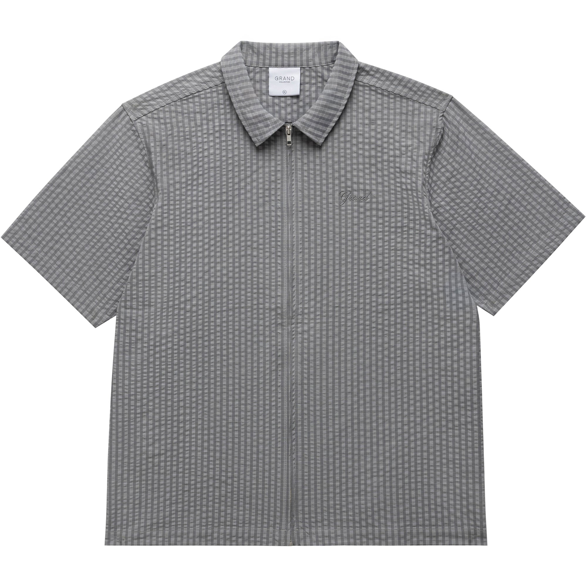 Grand Collection Seersucker Zip Up Short Sleeve Shirt Grey Check