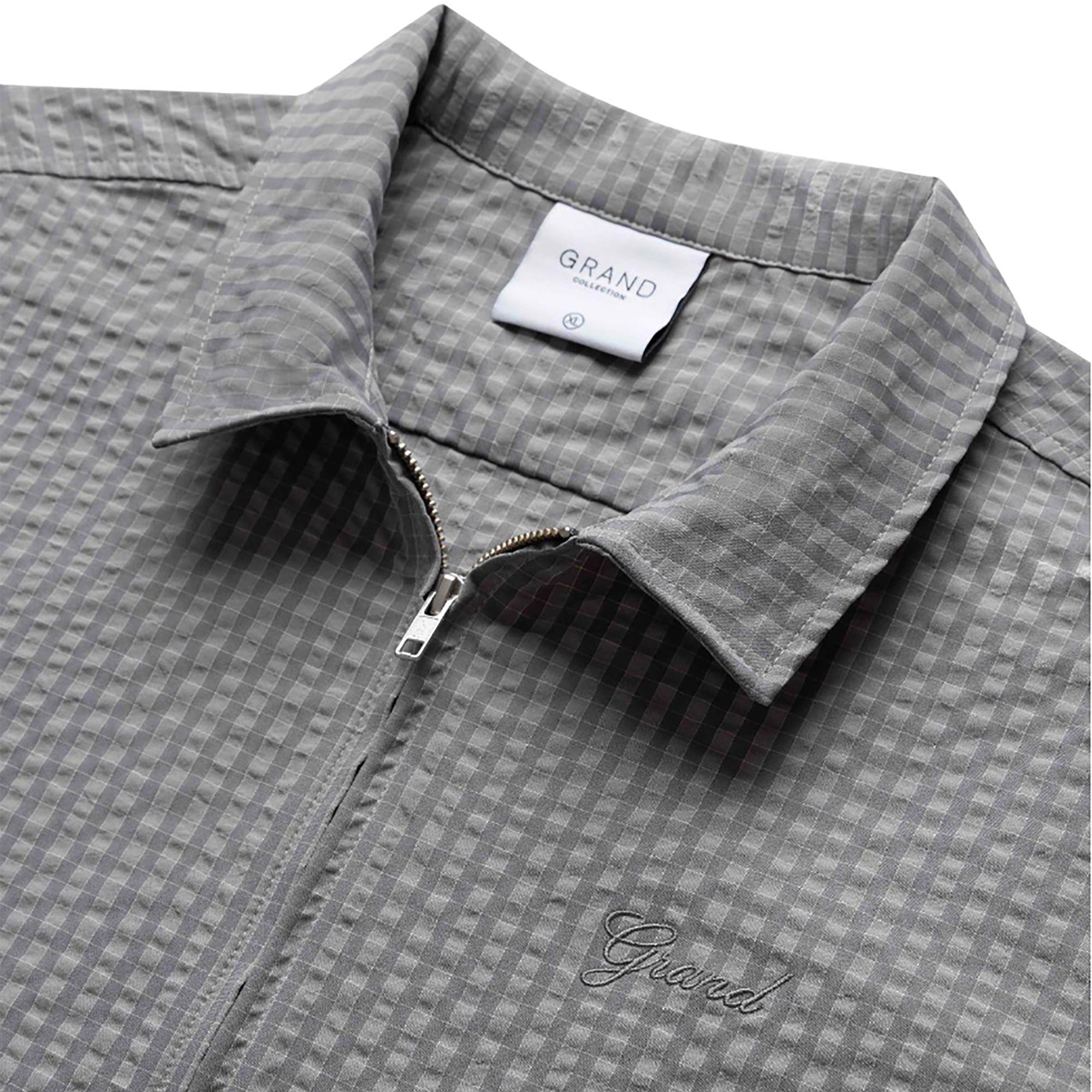 Grand Collection Seersucker Zip Up Short Sleeve Shirt Grey Check