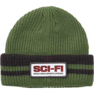 Sci-Fi Fantasy Reflective Patch Striped Beanie Olive/Grey