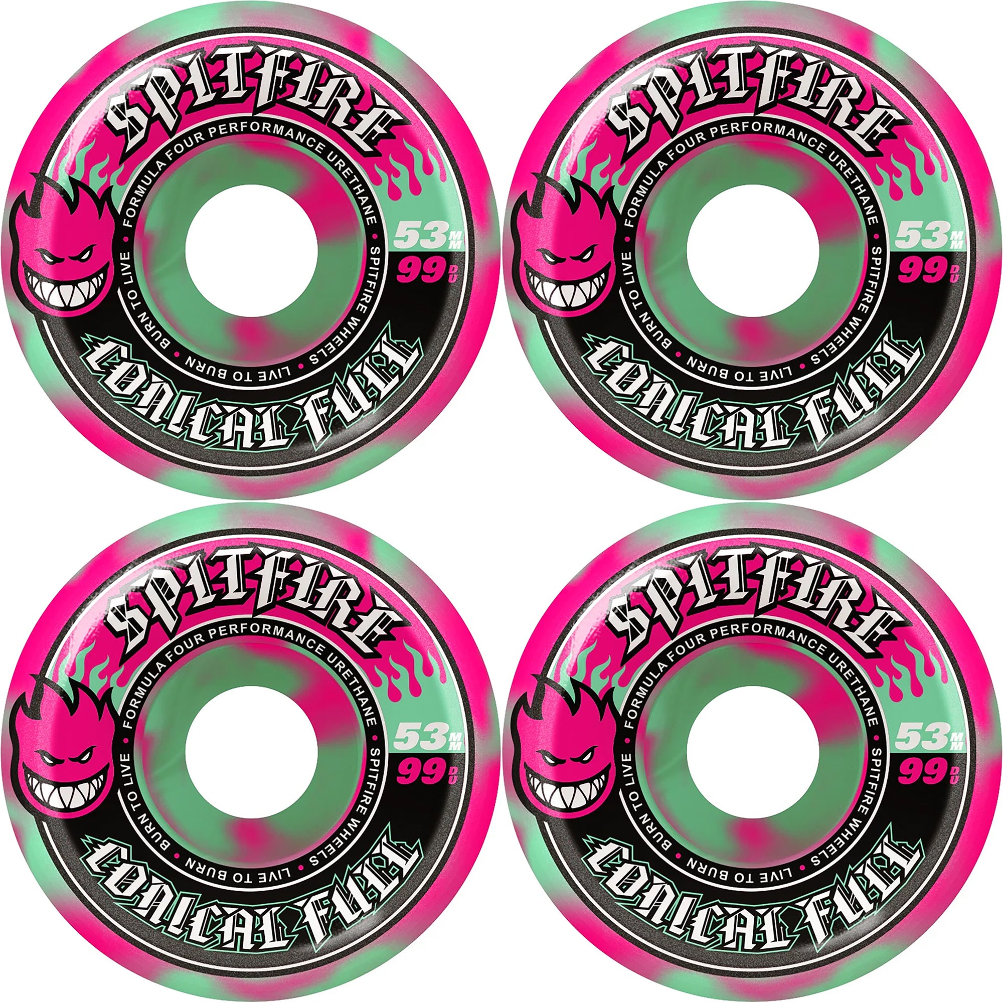 Spitfire Formula Four Conical Full Pink/Teal Swirl 99du Skateboard Wheels 53mm