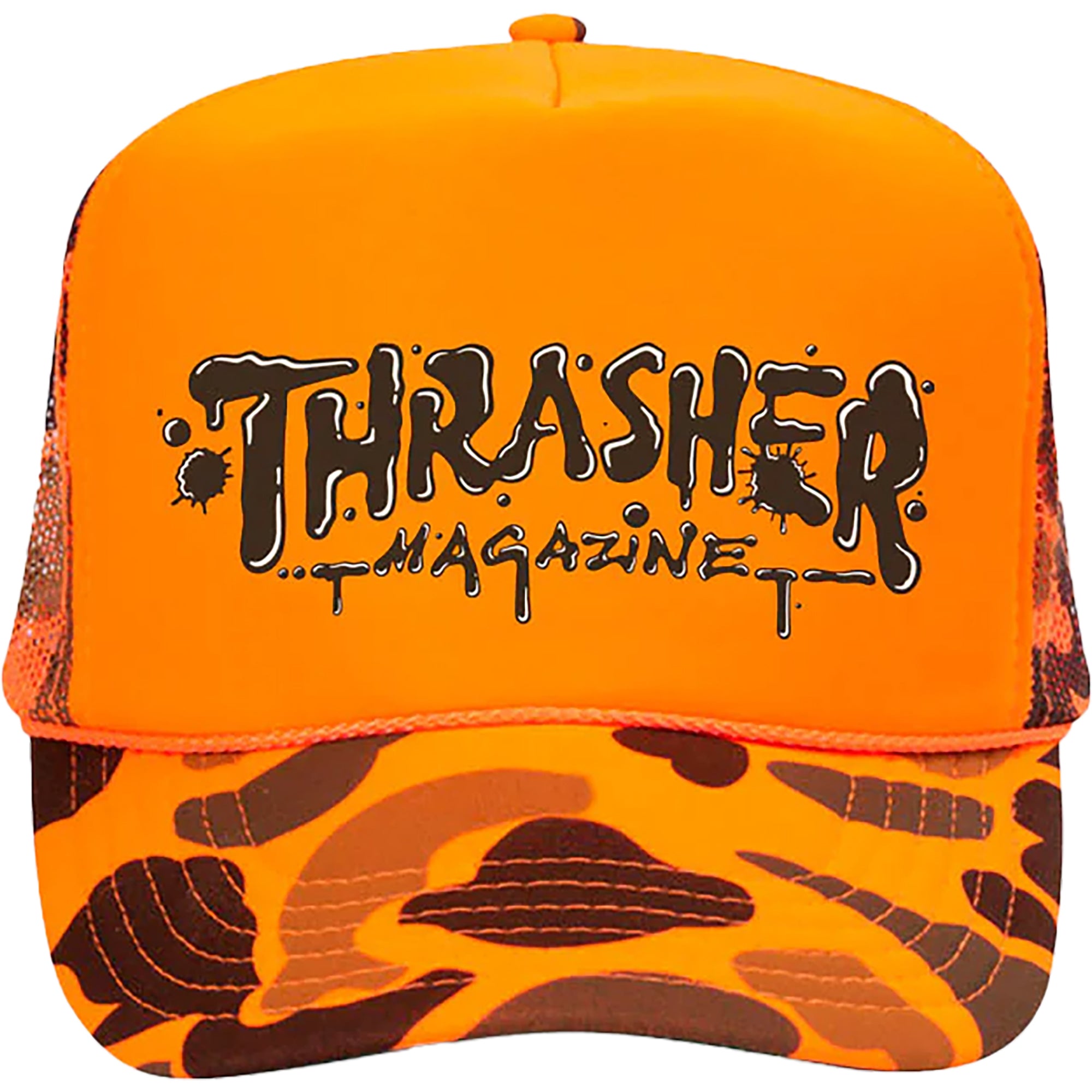 Thrasher Wet Paint Trucker Hat Orange Camo