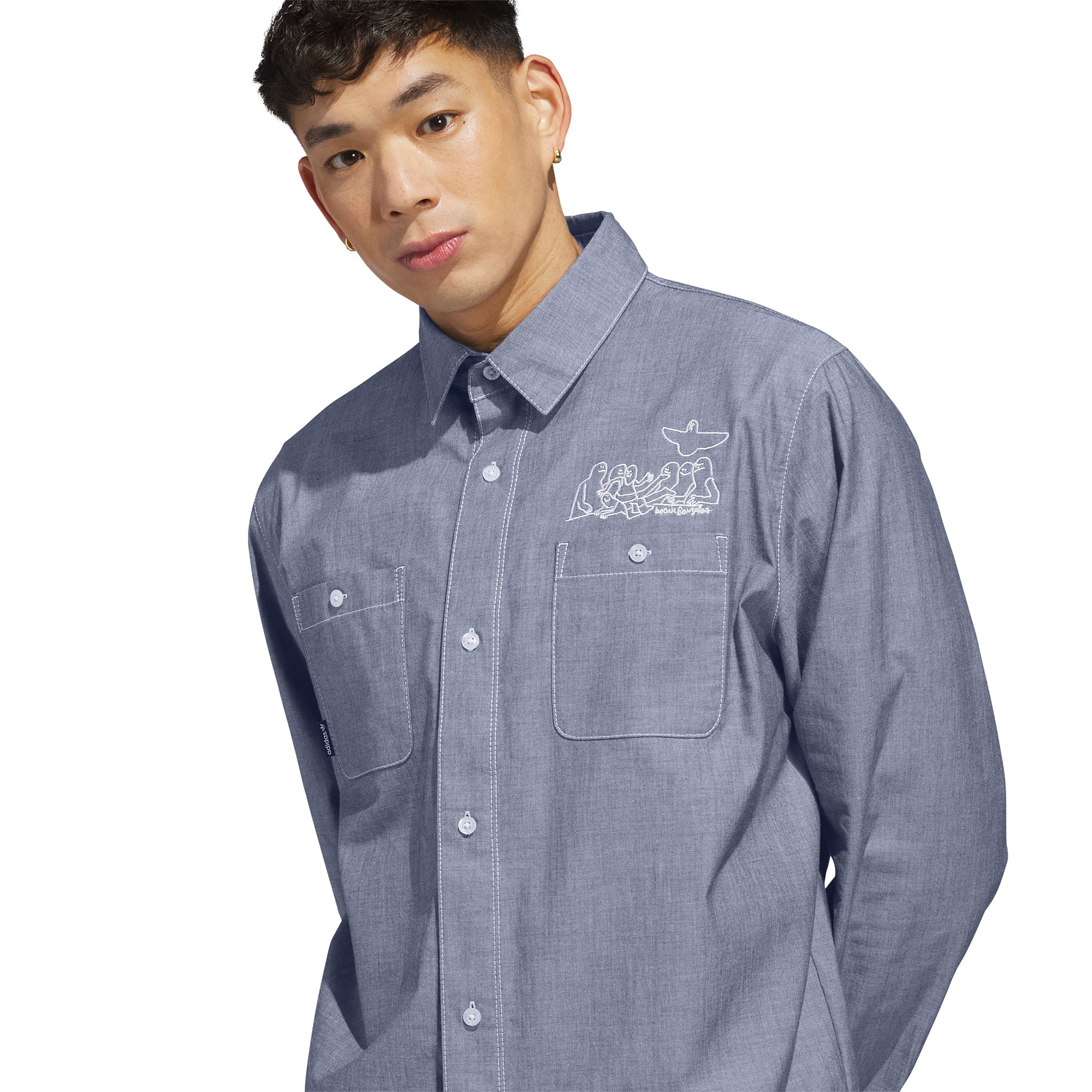 adidas x Mark Gonzales Long Sleeve Button Up Shirt Aurora Ivy/White