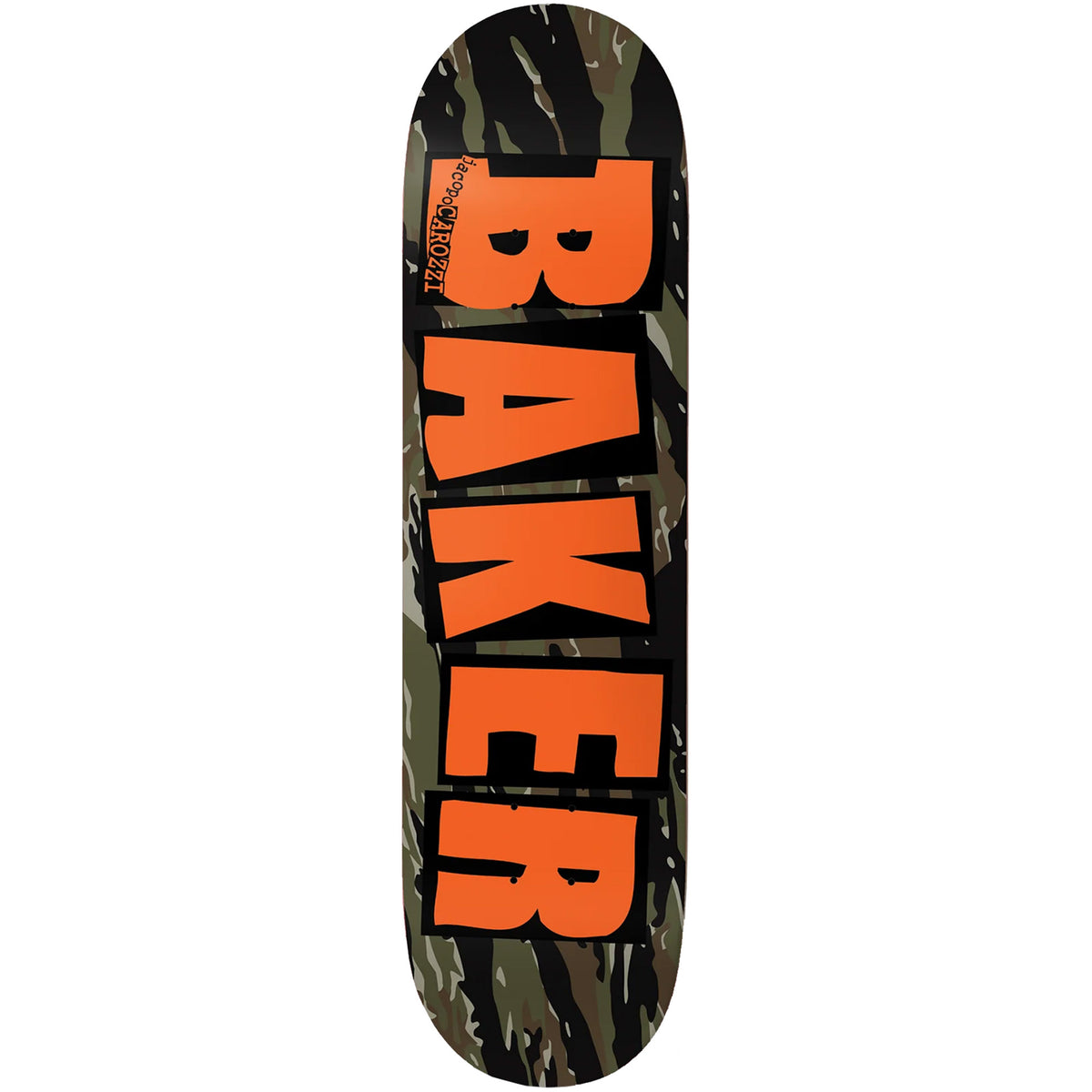 Baker Jacopo Carozzi Brand Logo Tiger Stripe Twin Shape Skateboard Deck 8.38"