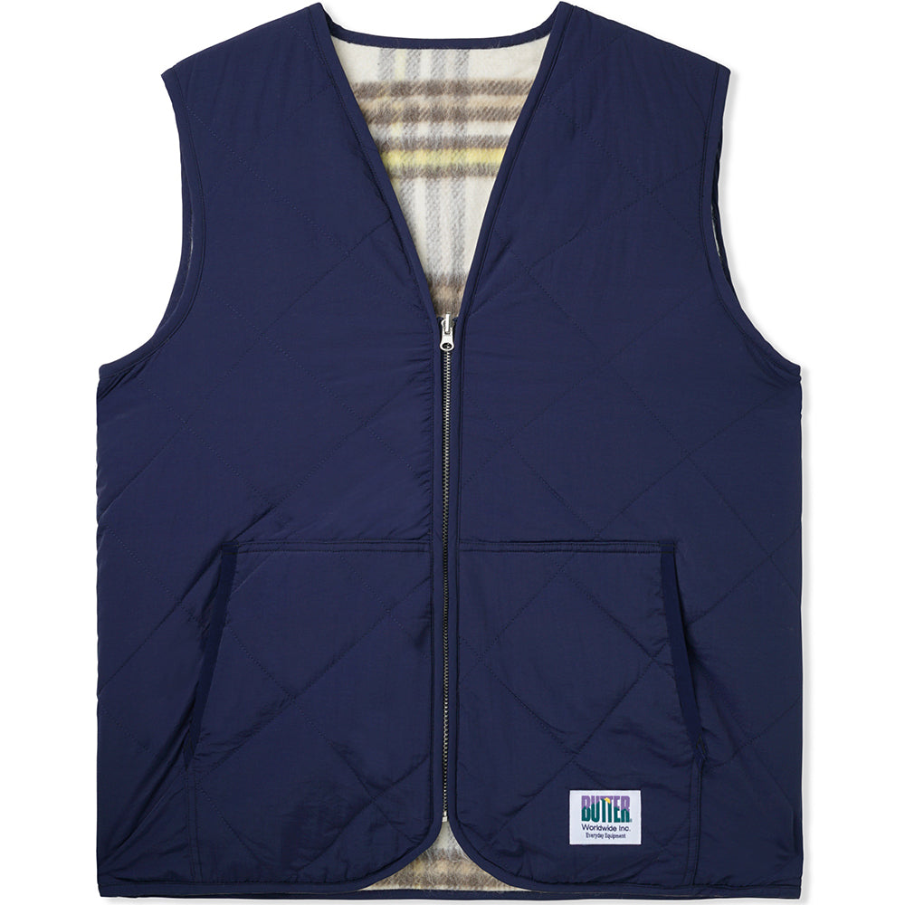 Butter Goods Reversible Hairy Plaid Vest Navy/Wheat NOTE shop