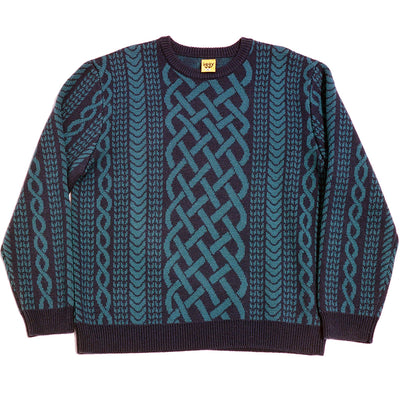Iggy NYC Drawn Cable Knit Jacquard Sweater Navy