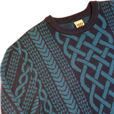 Iggy NYC Drawn Cable Knit Jacquard Sweater Navy