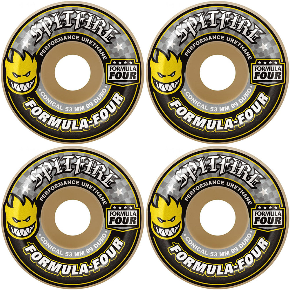 Spitfire Formula Four Conical 99DU Yellow Print Skateboard Wheels 54mm